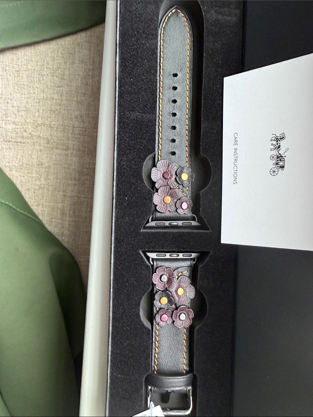Coach Floral Leather Apple Watch Band - Black with Purple Flowers - Picture 2 of 6